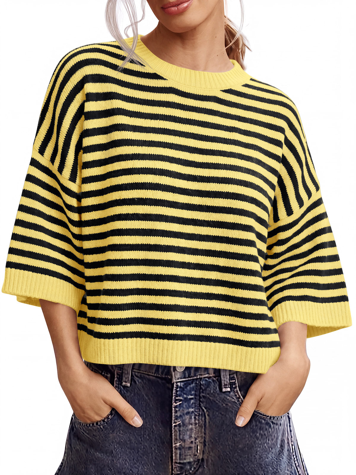 Saodimallsu Women Striped Short Sleeve Knit Top