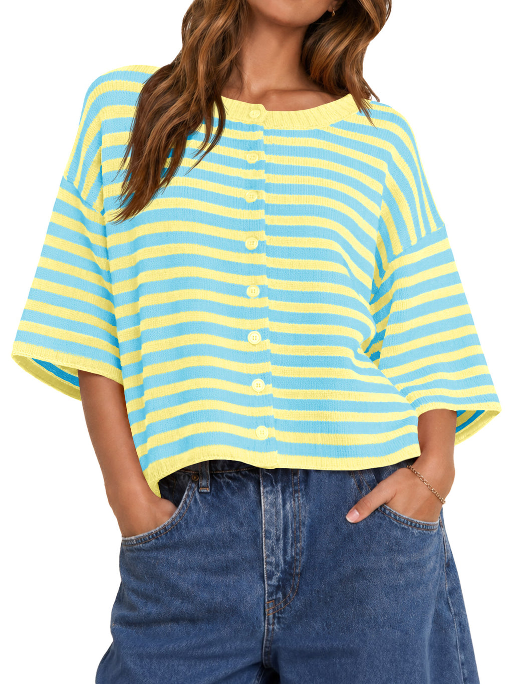 Saodimallsu Women Striped Cropped Cardigan