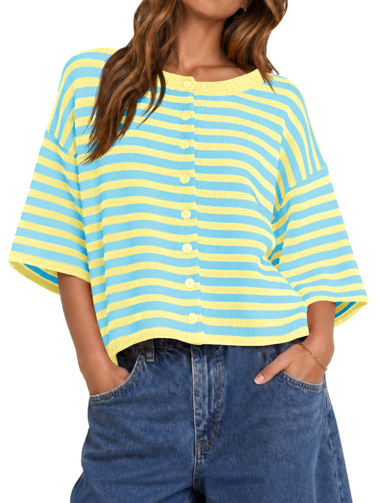 Saodimallsu Women Striped Cropped Cardigan