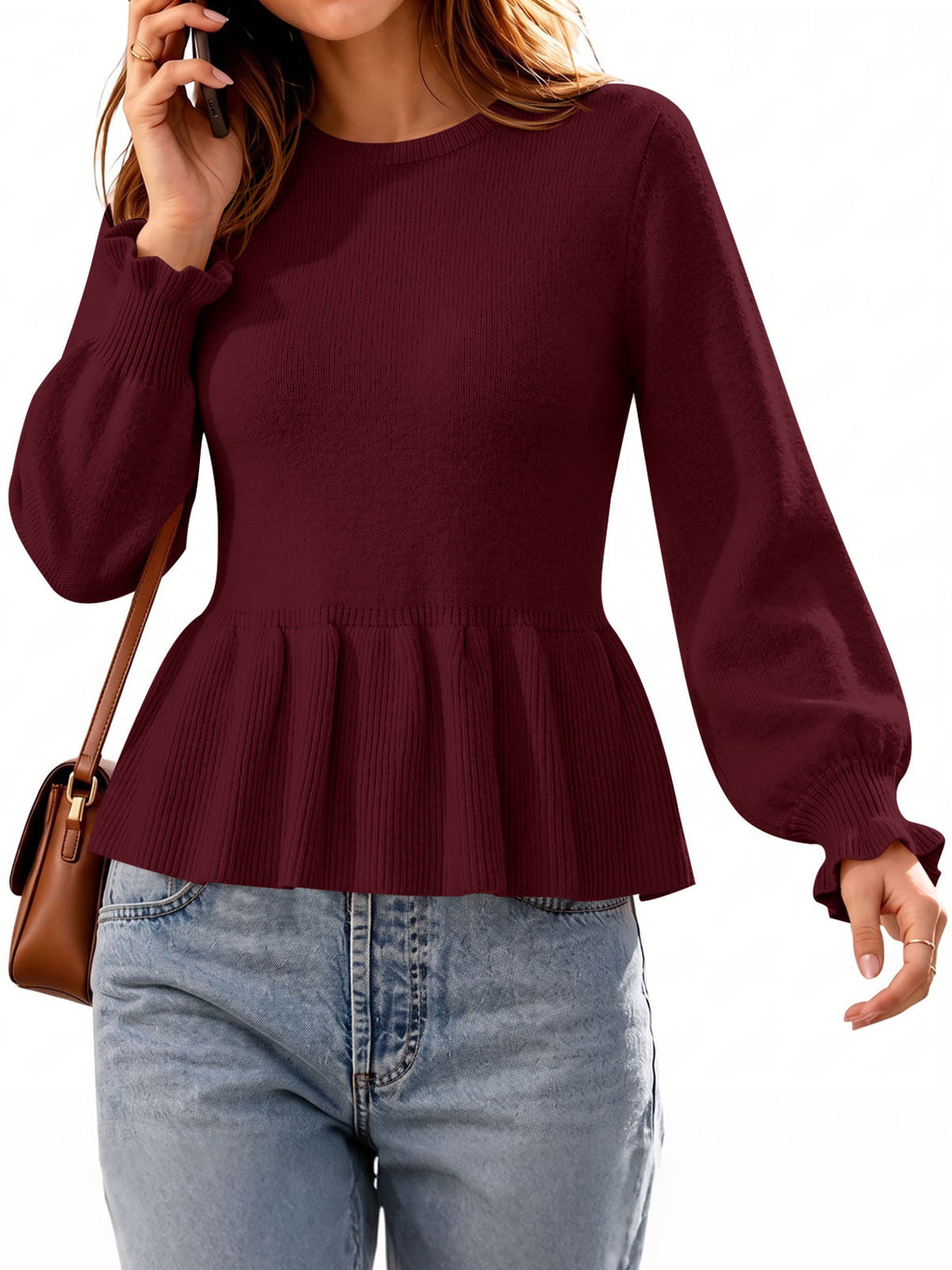 Saodimallsu Womens Peplum Long Sleeve Sweater