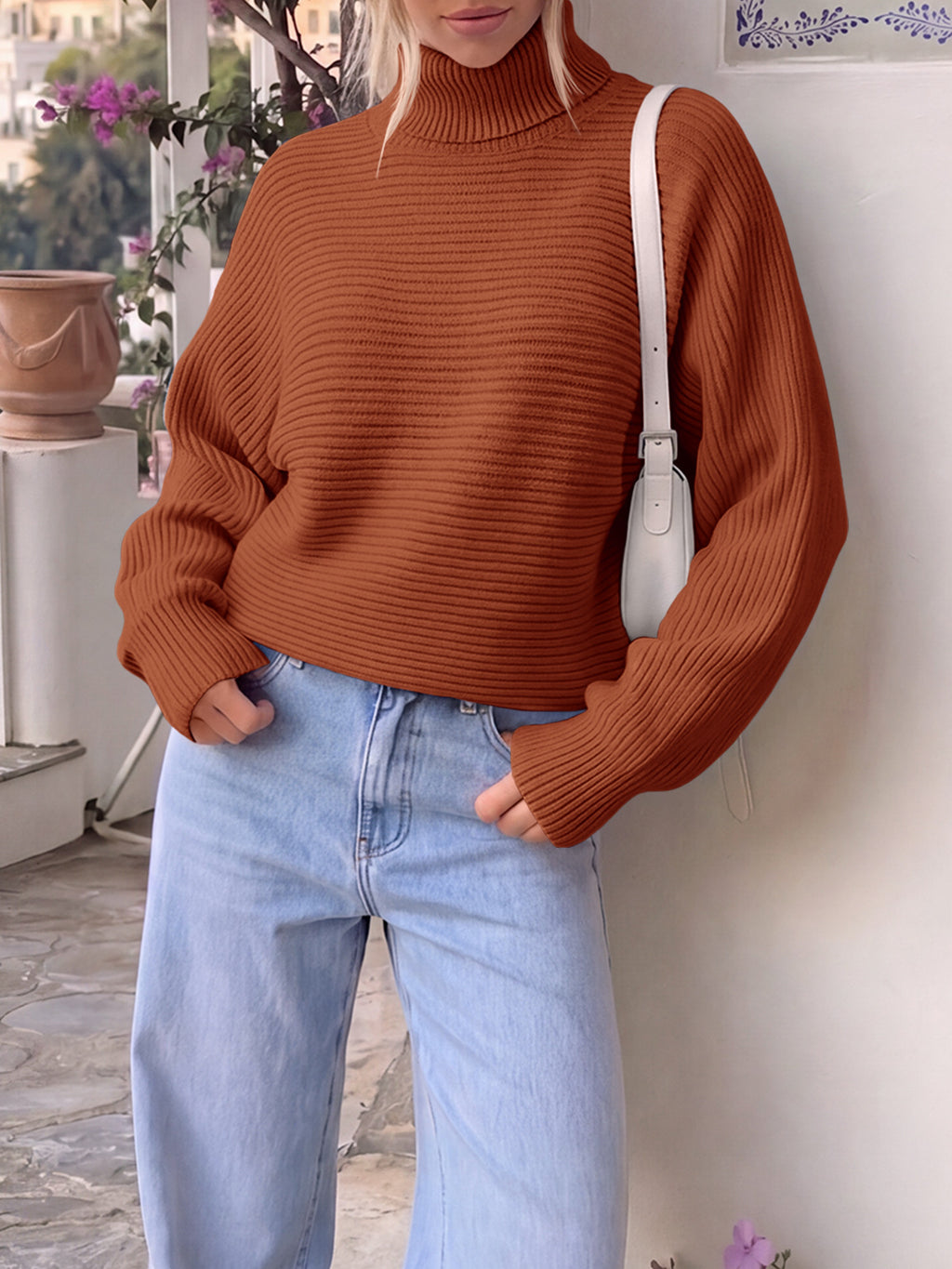 Saodimallsu Womens Batwing Sleeve Knit Turtleneck Sweater