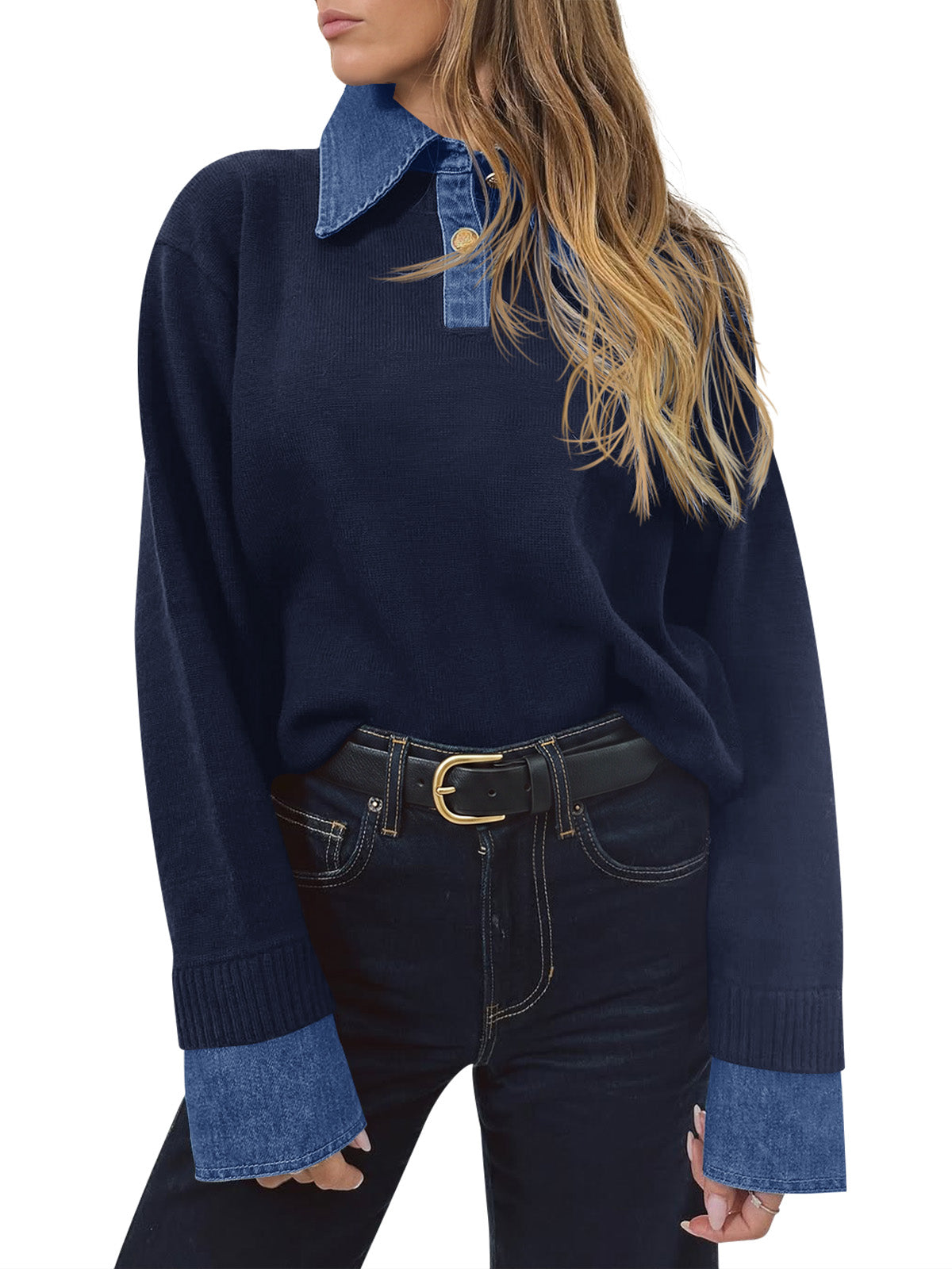Saodimallsu Women Denim Patchwork V Neck Sweater Tops