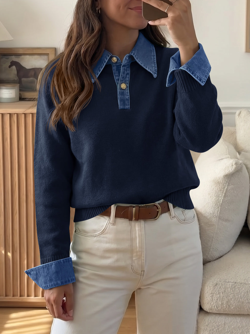 Saodimallsu Women Denim Patchwork V Neck Sweater Tops