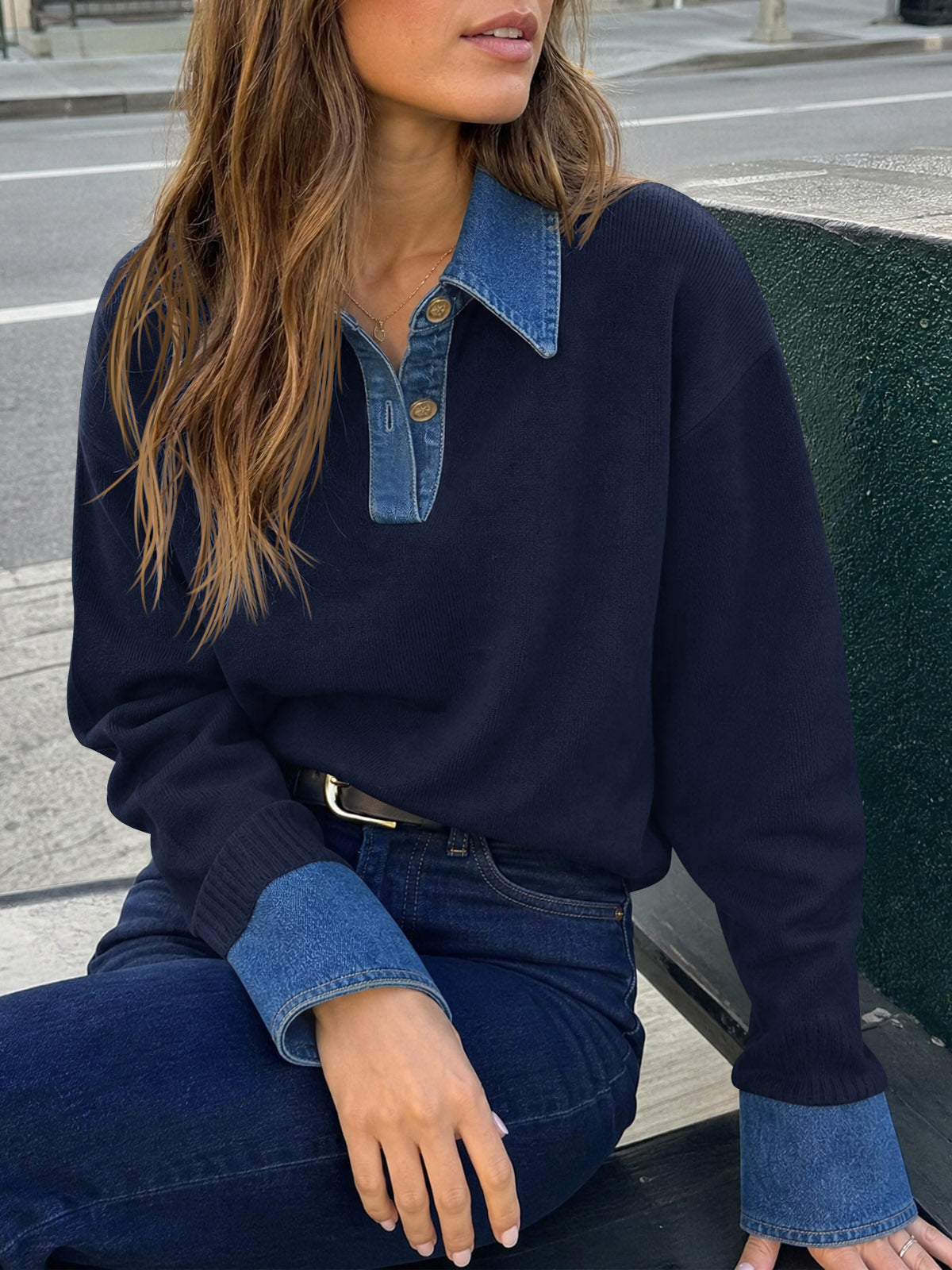Saodimallsu Women Denim Patchwork V Neck Sweater Tops