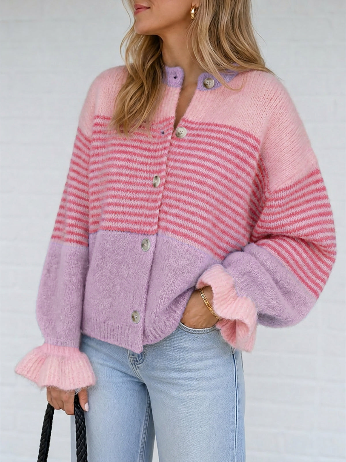 Saodimallsu Womens Striped Ruffle Sleeve Cardigan Coats