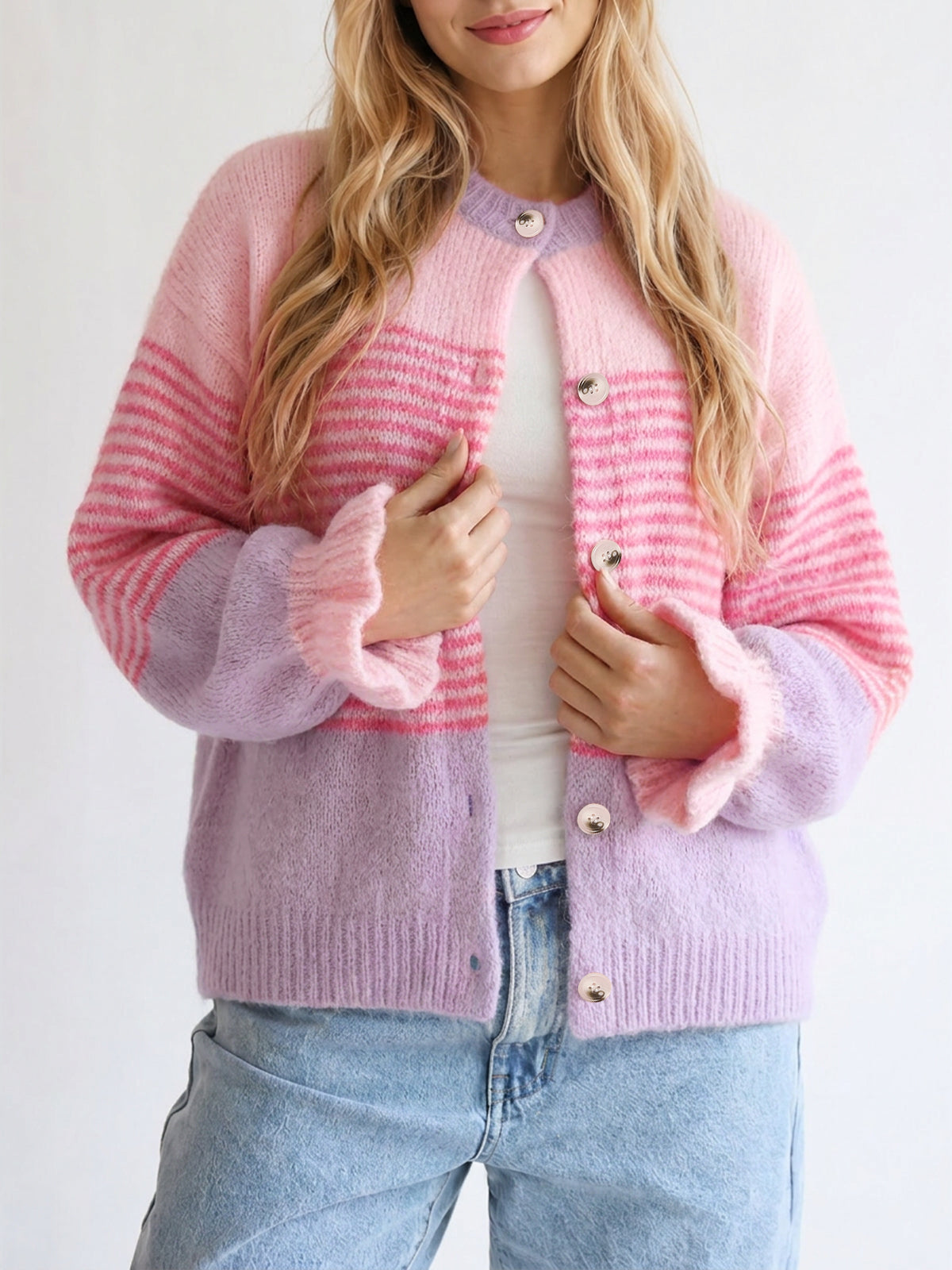 Saodimallsu Womens Striped Ruffle Sleeve Cardigan Coats