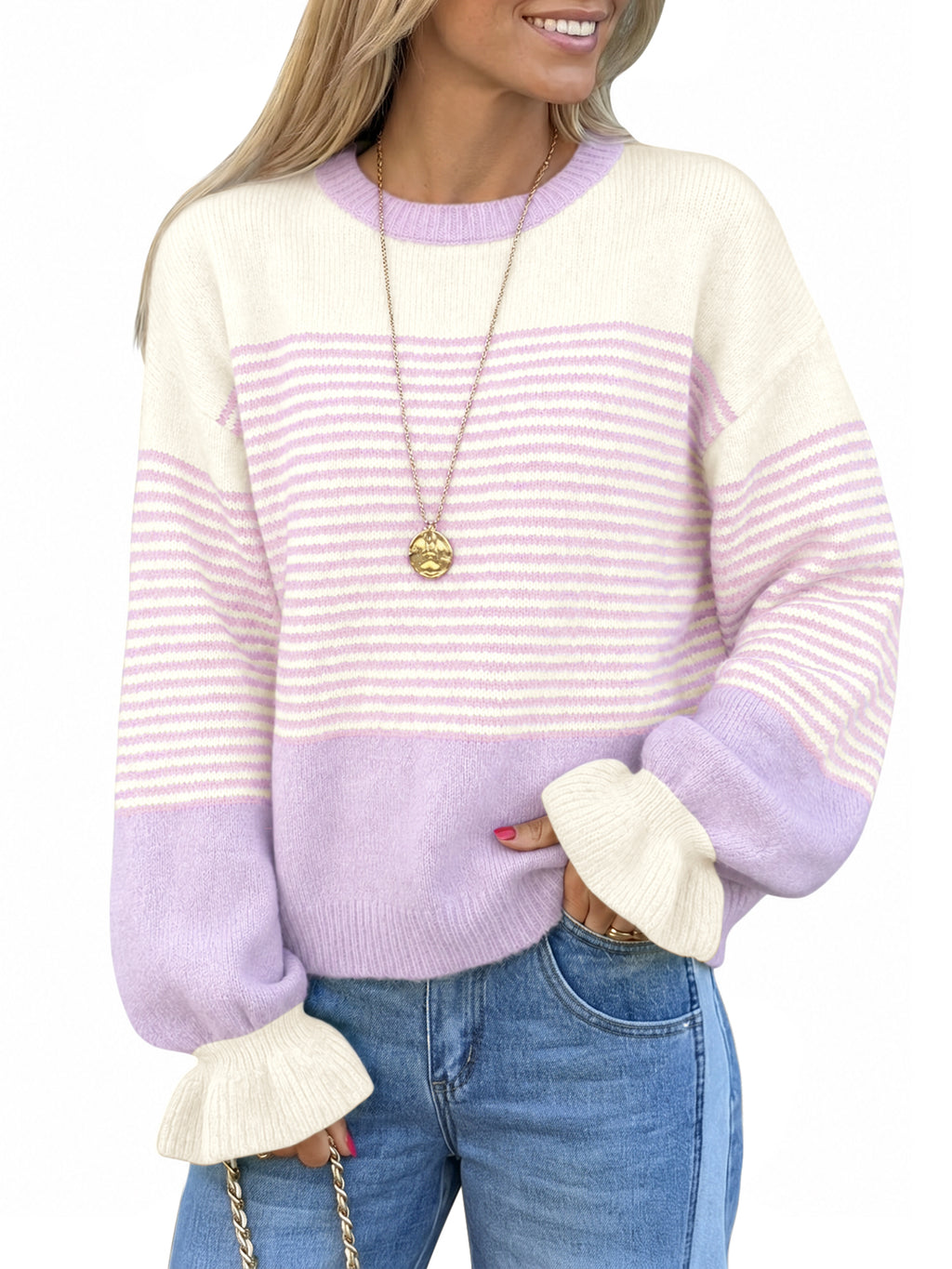 Saodimallsu Women Ruffle Sleeve Sweater